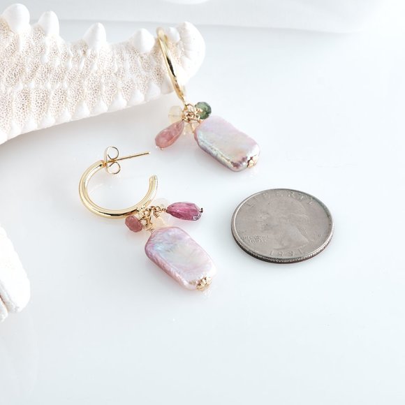 Baroque Pearl & Opal Tourmaline Cluster Earrings, 14K Gold Filled Half Hoops - Picture 6 of 10